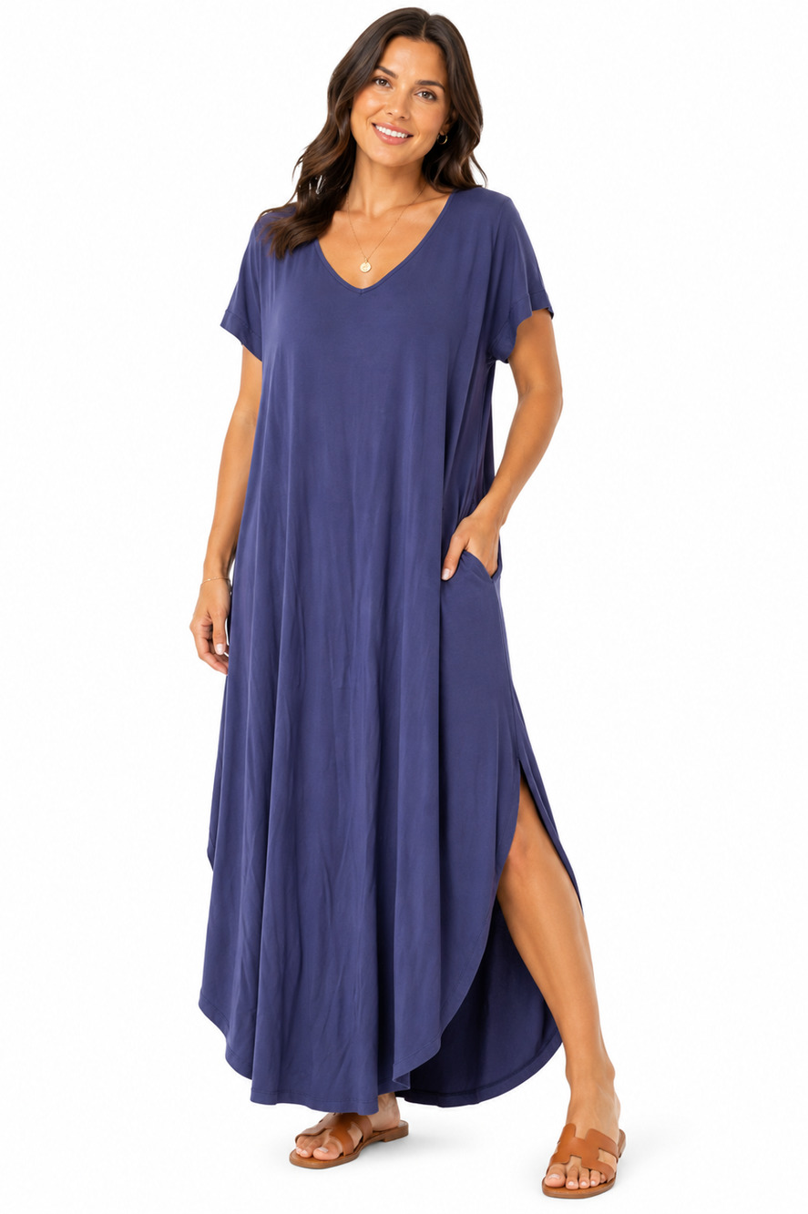 Grecerelle Violet V-Neck Lagenlook Jersey Knit Rayon Stretch Maxi Dress sz L
